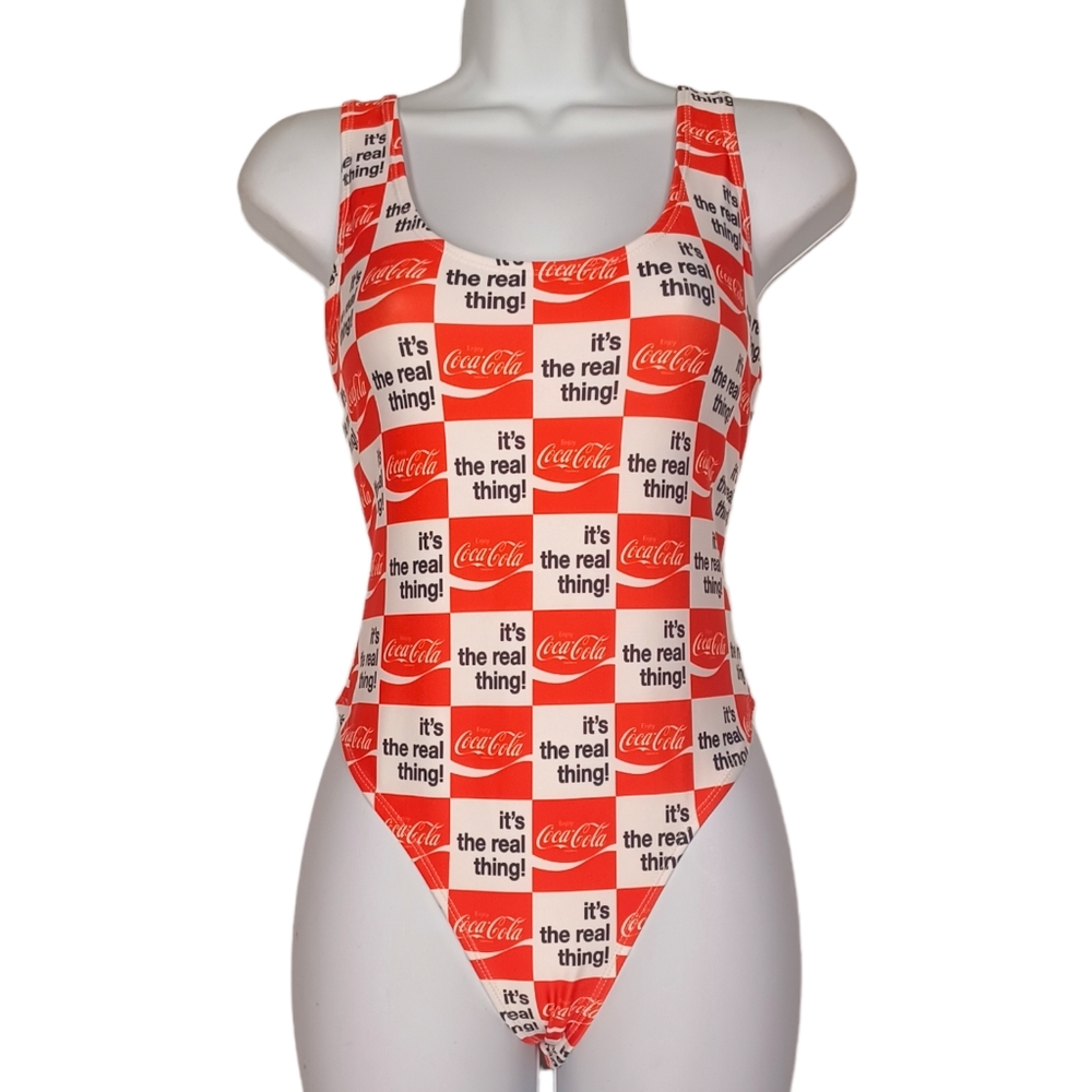 COCA COLA Official Licensed Red Logo Checker Print One Piece Swimsuit Medium